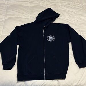 Dark Navy Zip-Up Hoodie with Weed California Fire Department Logo. Size Large.